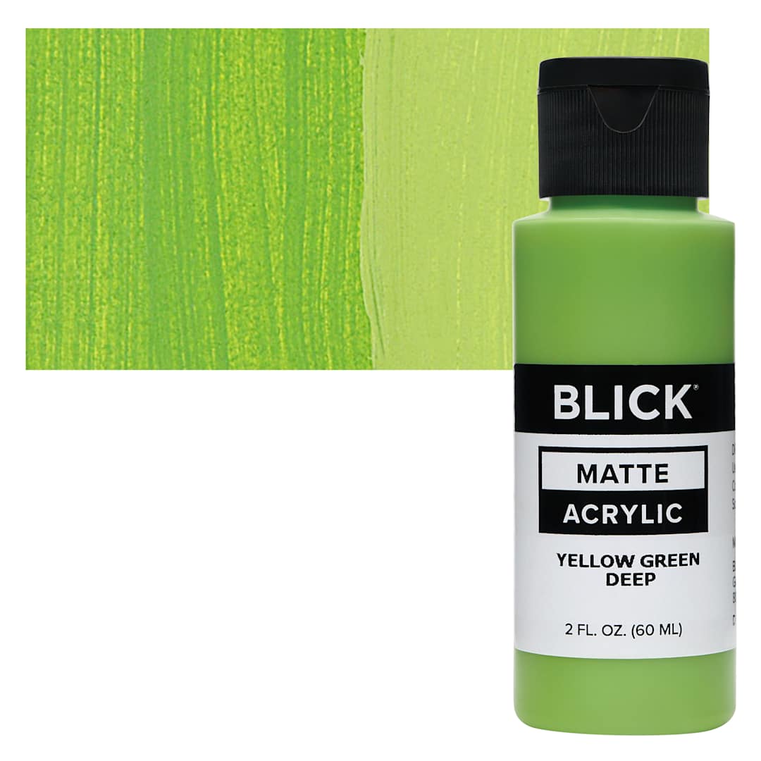 Open in modal - Blick Matte Acrylic - Yellow Green Deep, 2 oz bottle and swatch