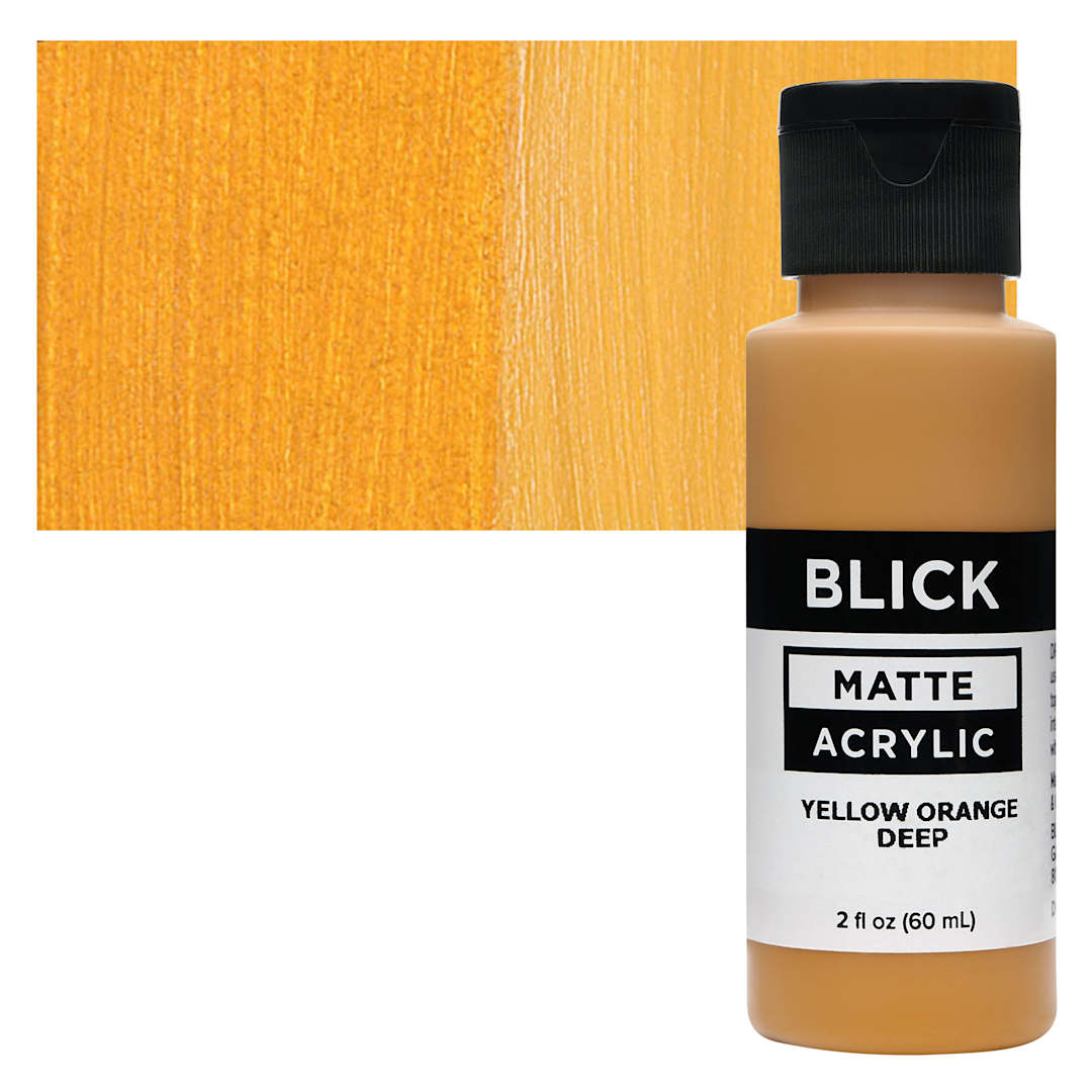 Open in modal - Blick Matte Acrylic - Yellow Orange Deep, 2 oz bottle and swatch