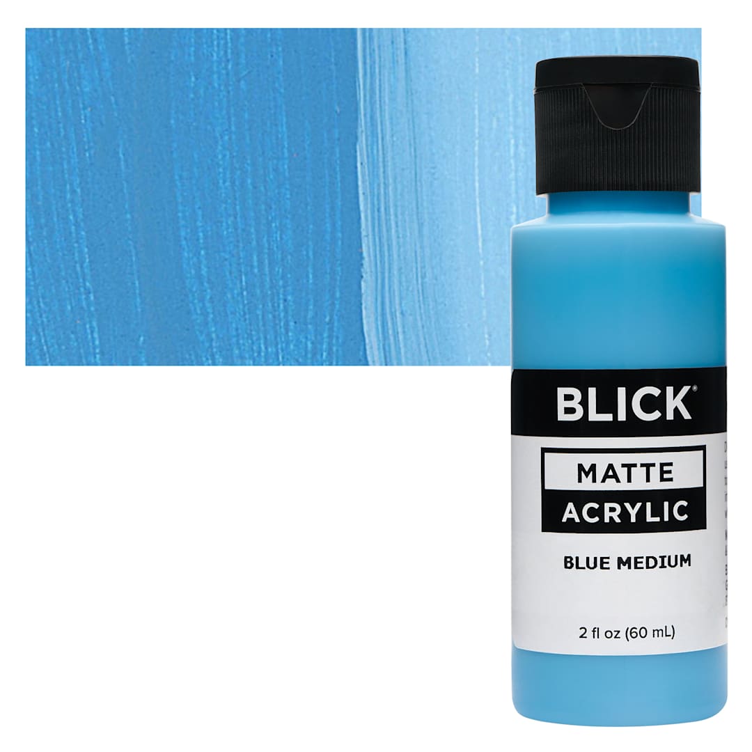 Open in modal - Blick Matte Acrylic - Blue Medium, 2 oz bottle and swatch