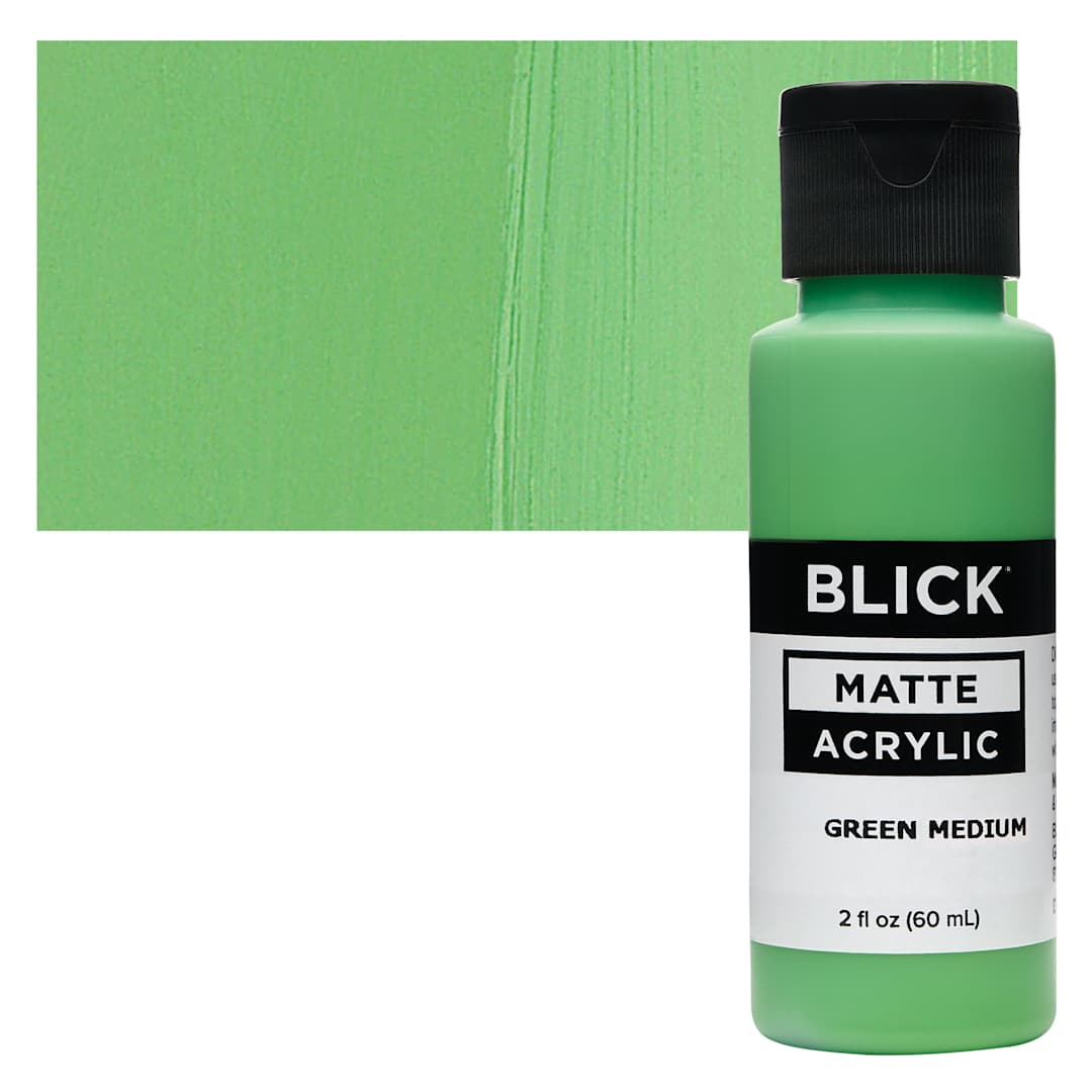 Open in modal - Blick Matte Acrylic - Green Medium, 2 oz bottle and swatch