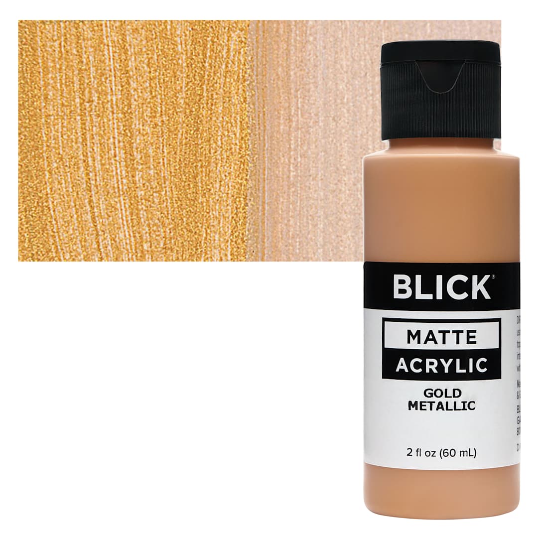 Open in modal - Blick Matte Acrylic - Gold Metallic, 2 oz bottle and swatch