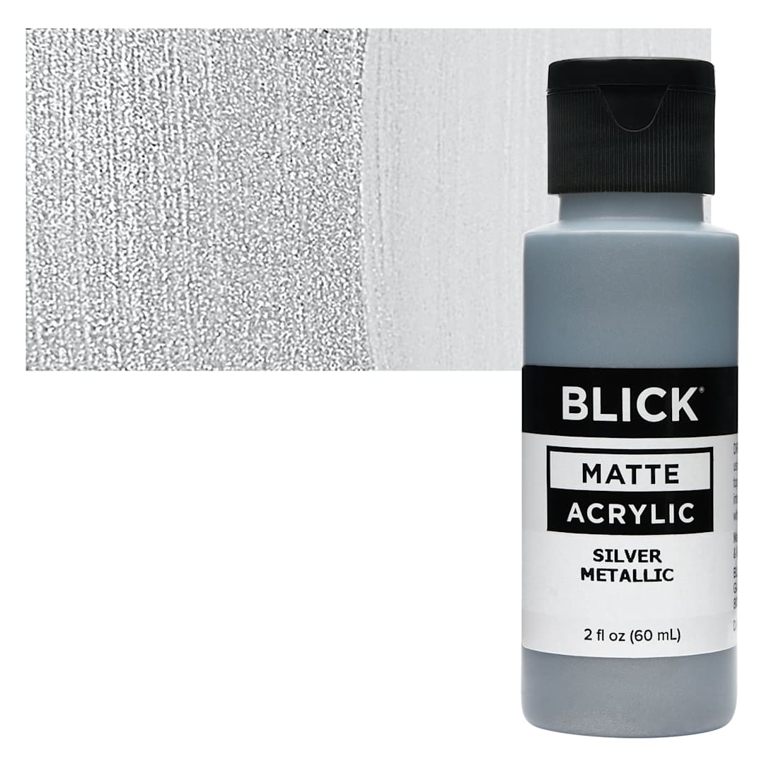 Open in modal - Blick Matte Acrylic - Silver Metallic, 2 oz bottle and swatch