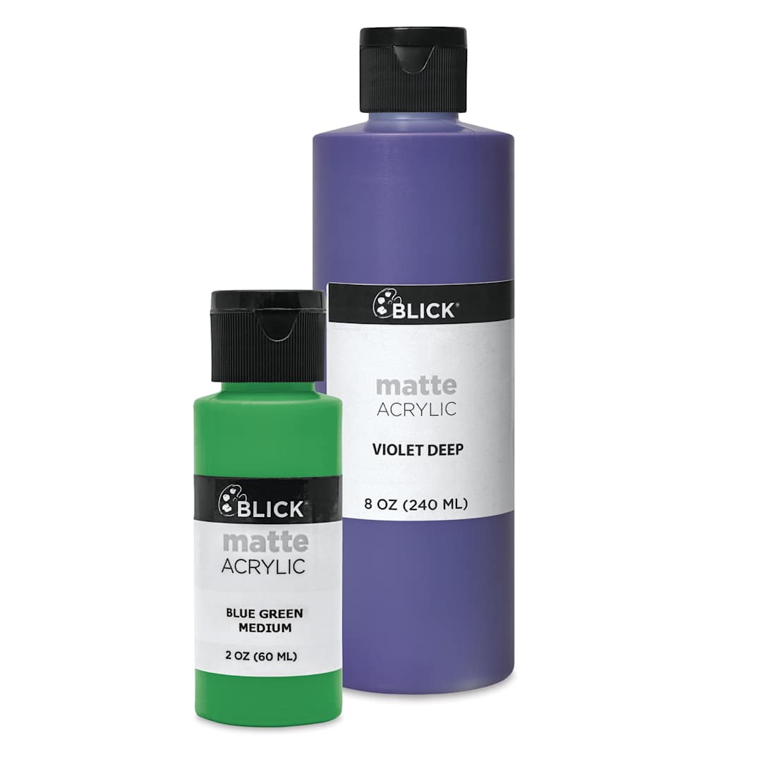 Open in modal - Blick Matte Acrylic Paints - Violet Deep 240 ml bottle and Blue Green Medium 60 ml bottle