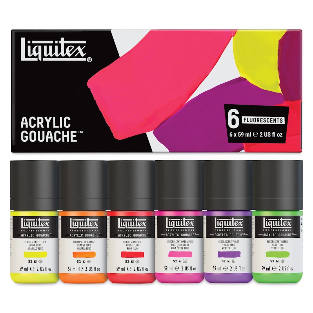 Open in modal - Liquitex Acrylic Gouache - Set of 6, Fluorescents, 59 ml, contents and packaging