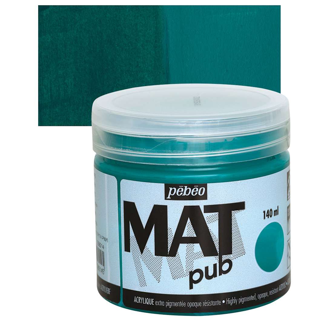 Open in modal - Pebeo Mat Pub Acrylic Paint - Duck Green, 140 ml jar and swatch