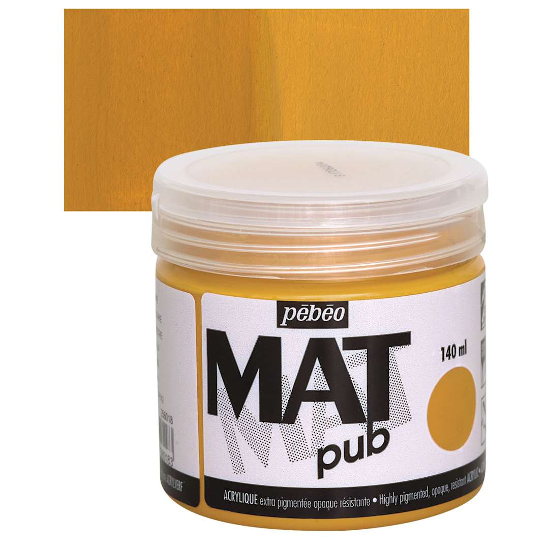 Open in modal - Pebeo Mat Pub Acrylic Paint - Yellow Ochre, 140 ml jar and swatch