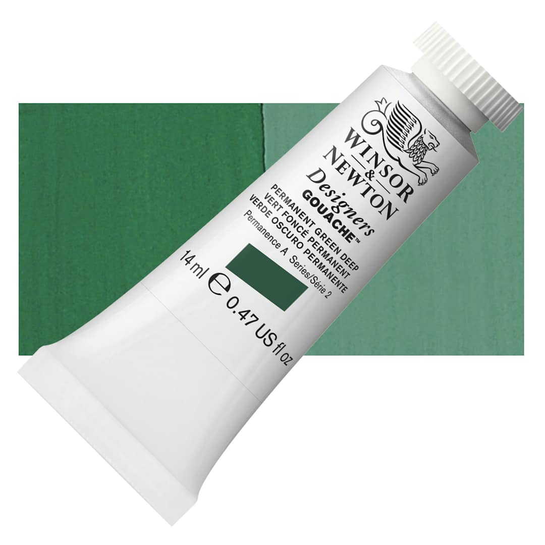 Open in modal - Winsor & Newton Designers Gouache - Permanent Green Deep, 14 ml tube and swatch