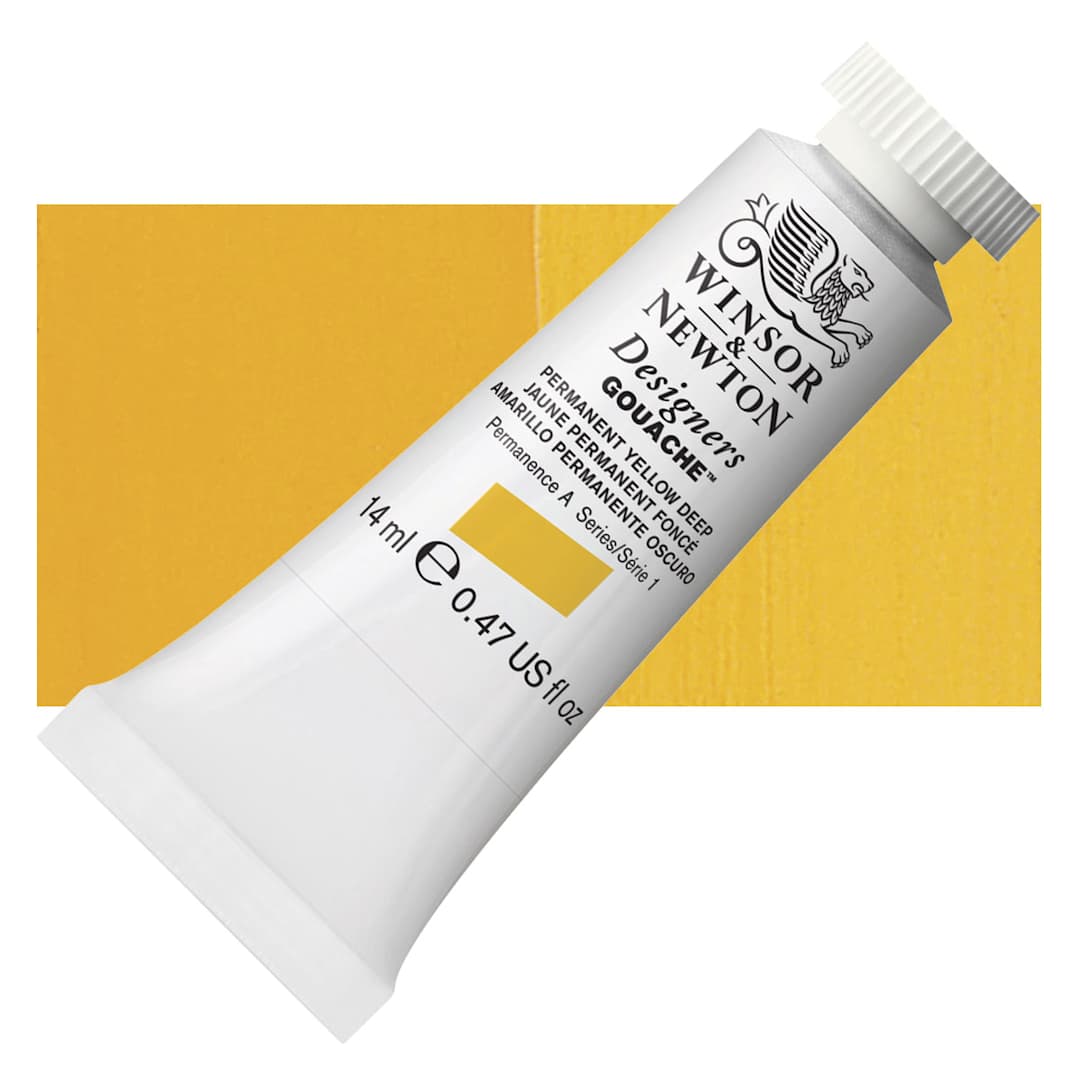 Open in modal - Winsor & Newton Designers Gouache - Permanent Yellow Deep, 14 ml tube and swatch