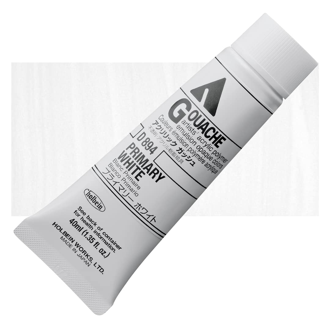Open in modal - Holbein Acrylic Gouache - Primary White, 40 ml tube and swatch