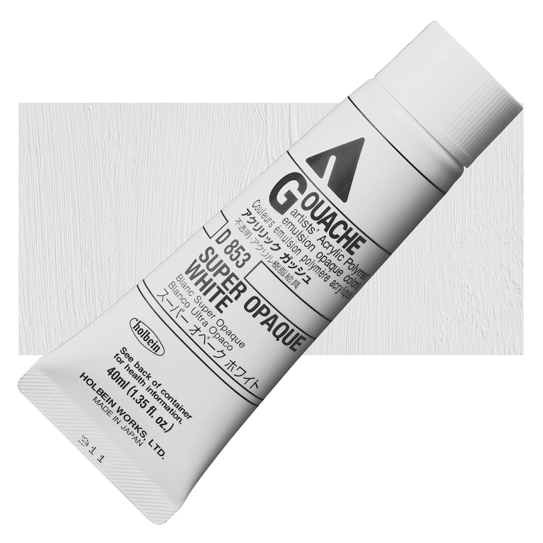 Open in modal - Holbein Acryla Gouache - Super Opaque White, 40 ml tube and swatch