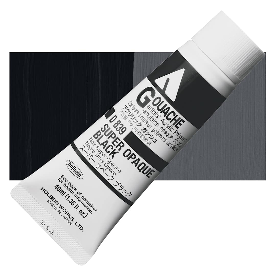Open in modal - Holbein Acryla Gouache - Super Opaque Black, 40 ml tube and swatch