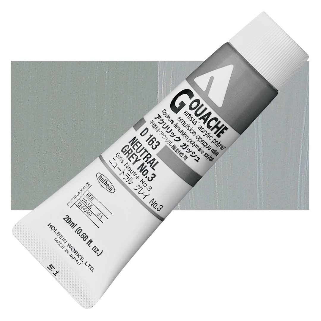 Open in modal - Holbein Acrylic Gouache - Neutral Gray 3, 20 ml tube and swatch