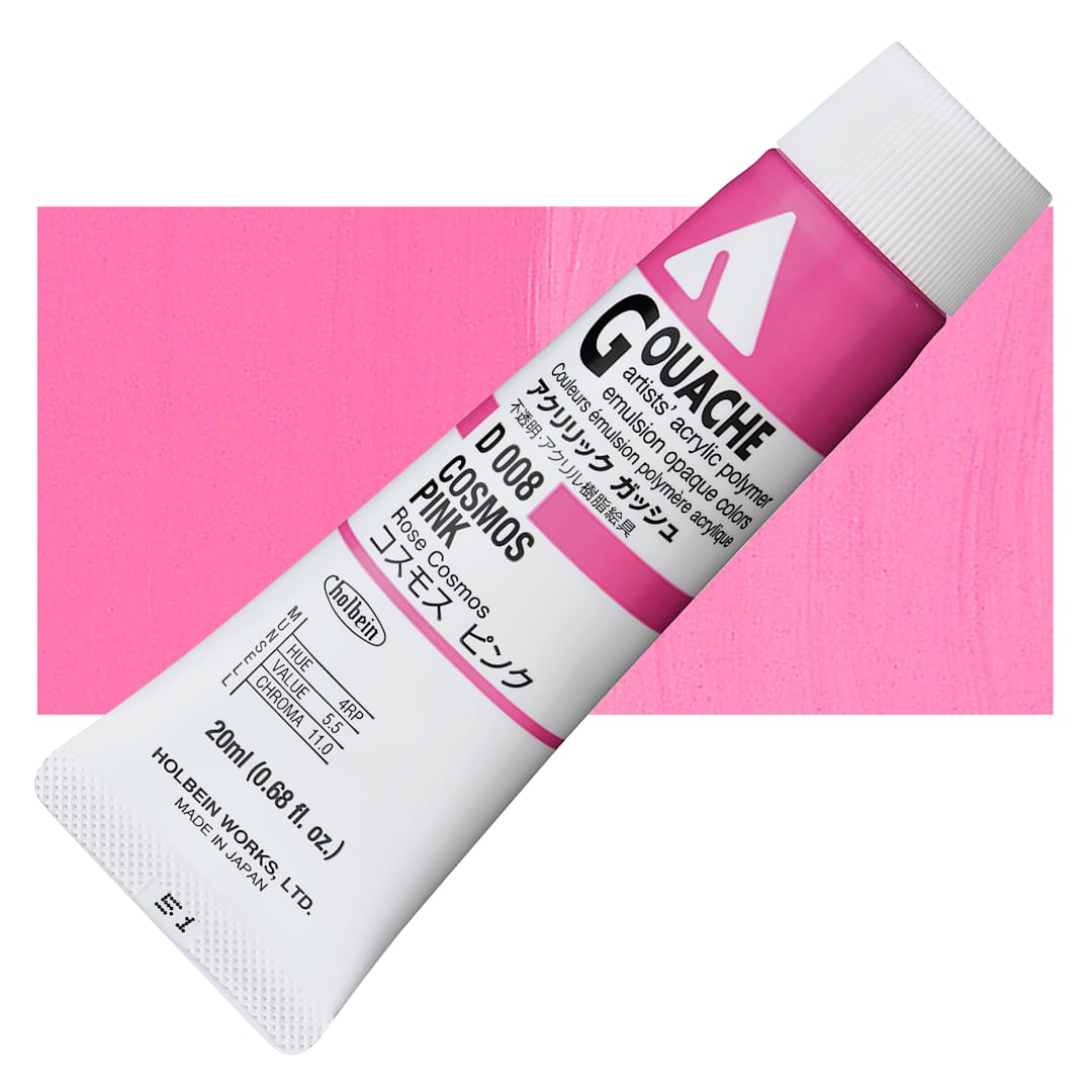 Open in modal - Holbein Acrylic Gouache - Cosmos Pink, 20 ml tube and swatch