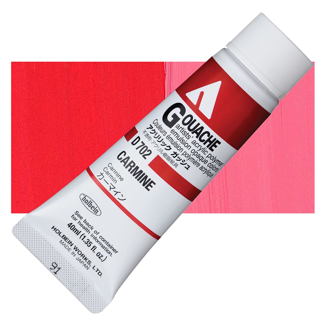 Open in modal - Holbein Acrylic Gouache - Carmine, 40 ml tube and swatch