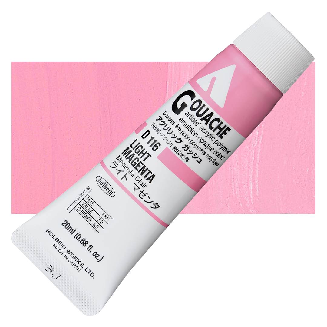 Open in modal - Holbein Acrylic Gouache - Light Magenta, 20 ml tube and swatch