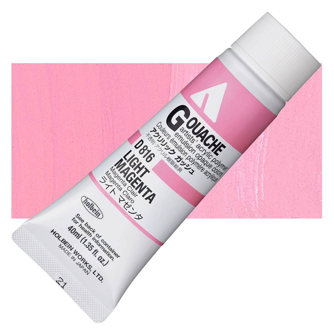 Open in modal - Holbein Acrylic Gouache - Light Magenta, 40 ml tube and swatch