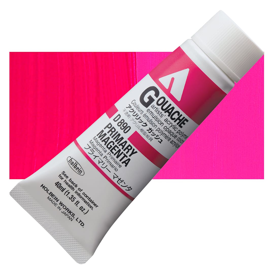 Open in modal - Holbein Acrylic Gouache - Primary Magenta, 20 ml tube and swatch