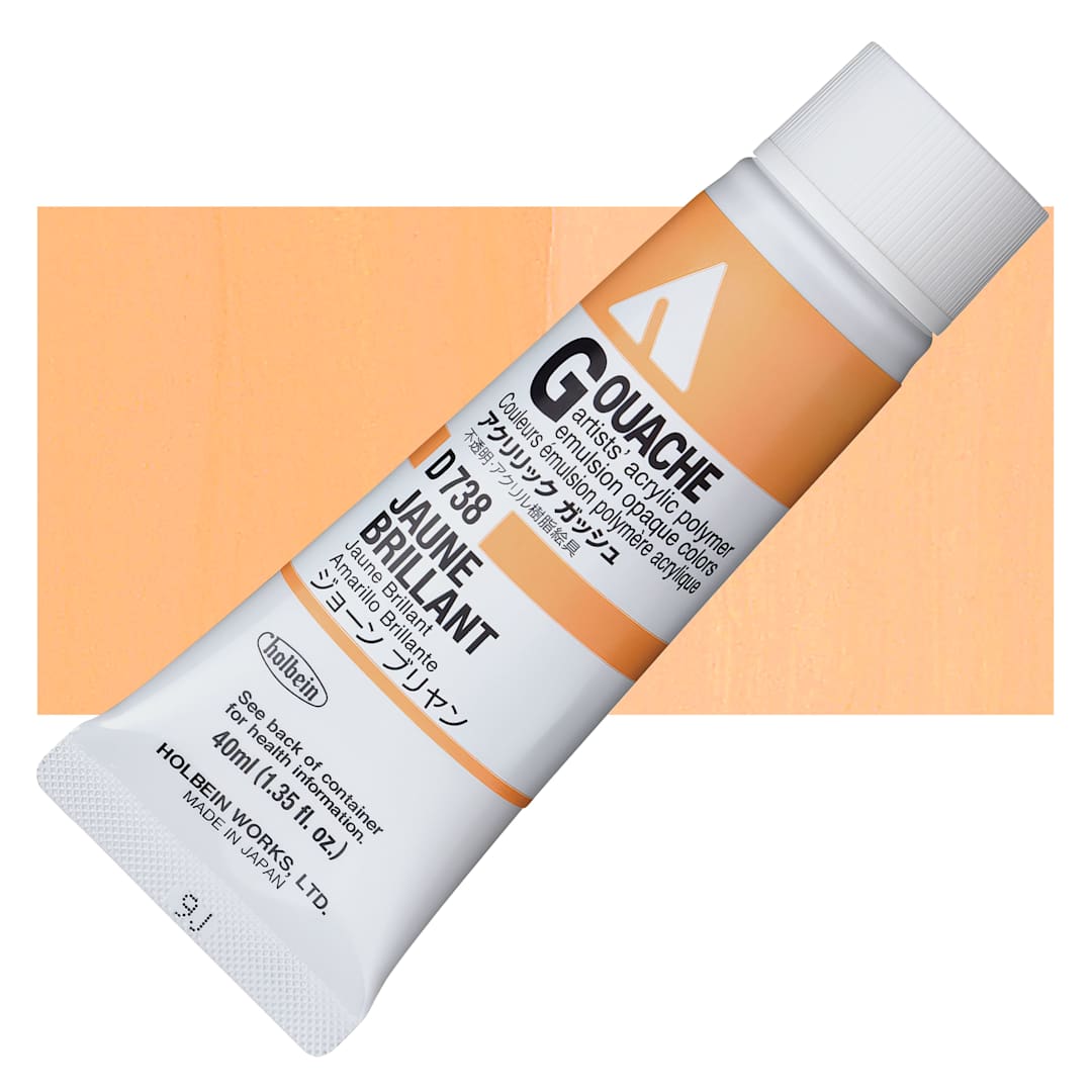 Open in modal - Holbein Acrylic Gouache - Jaune Brilliant, 40 ml tube and swatch
