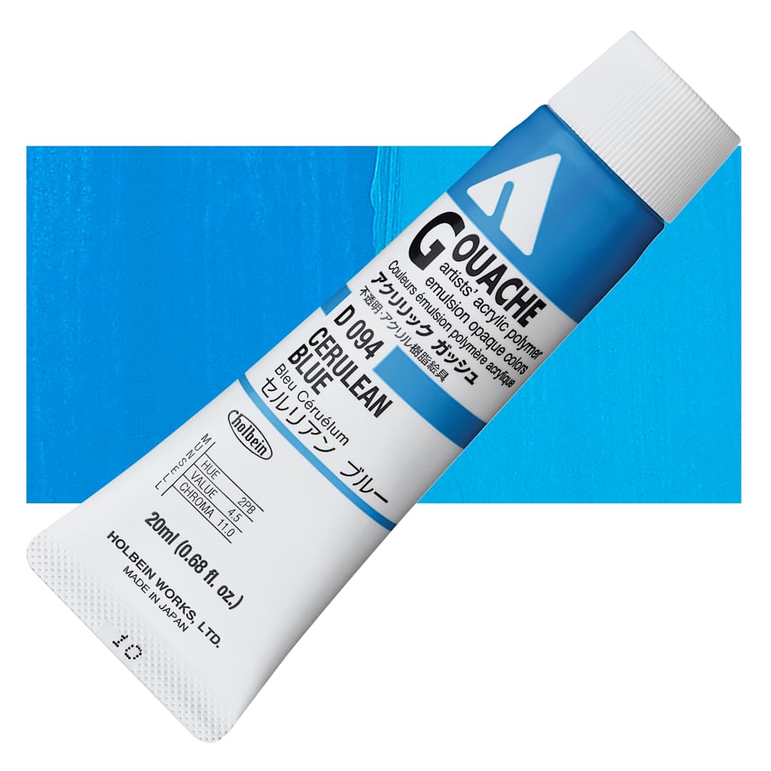 Open in modal - Holbein Acrylic Gouache - Cerulean Blue, 20 ml tube and swatch