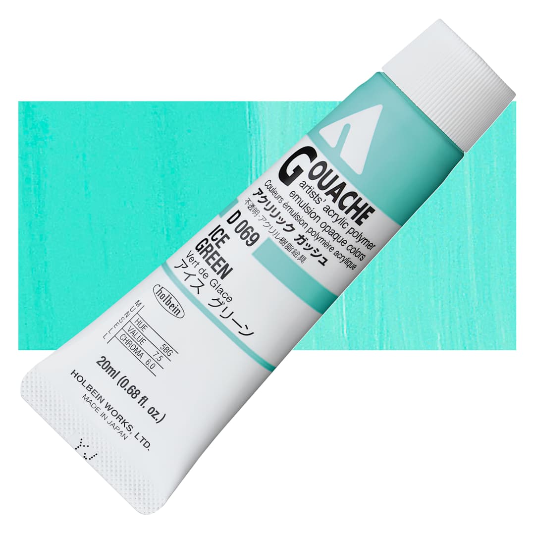 Open in modal - Holbein Acrylic Gouache - Ice Green, 20 ml tube and swatch