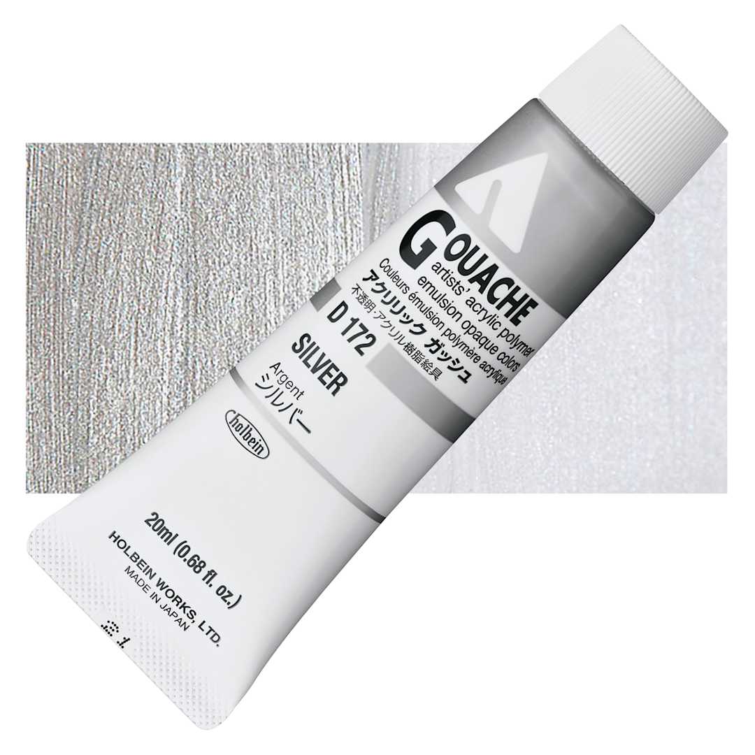 Open in modal - Holbein Acrylic Gouache - Silver, 20 ml tube and swatch