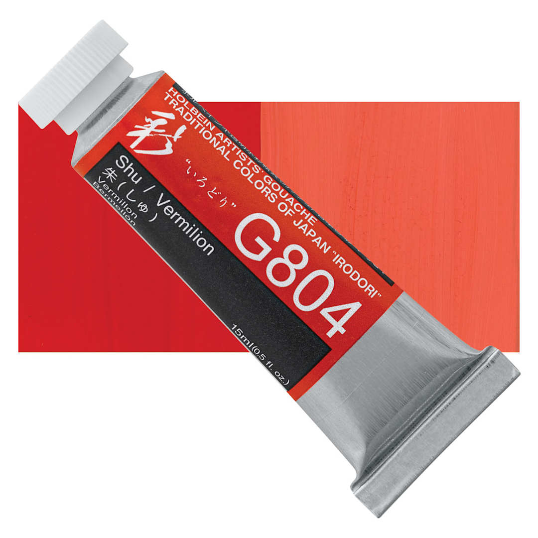 Open in modal - Holbein Irodori Artist Gouache - Vermillion, 15 ml, Tube and swatch