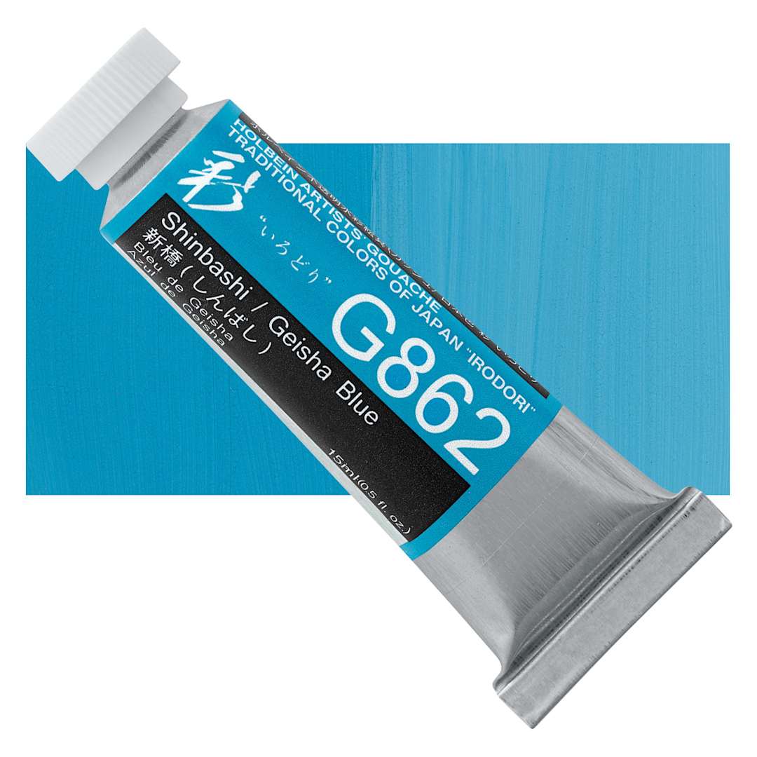 Open in modal - Holbein Irodori Artist Gouache - Geisha Blue, 15 ml, Tube and swatch