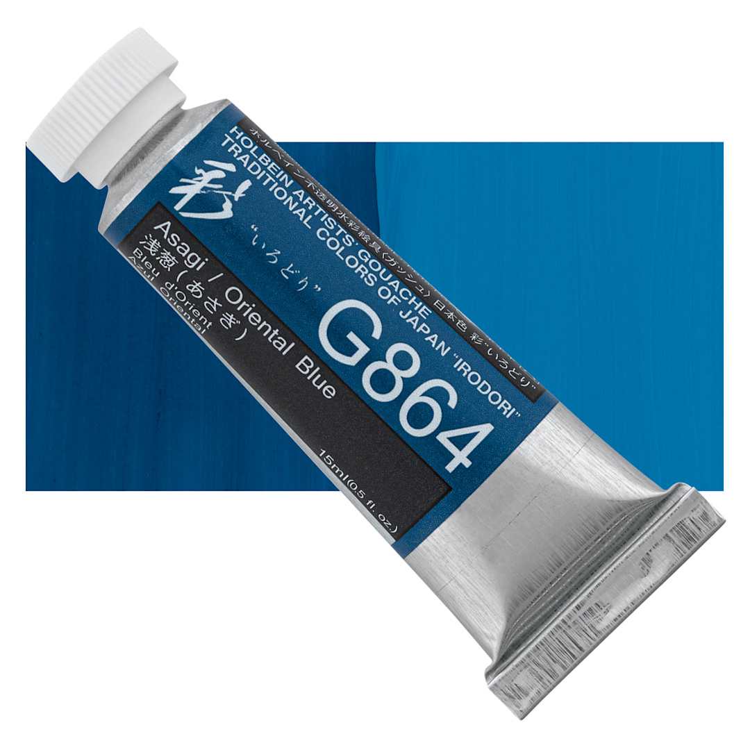 Open in modal - Holbein Irodori Artist Gouache - Oriental Blue, 15 ml, Tube and swatch