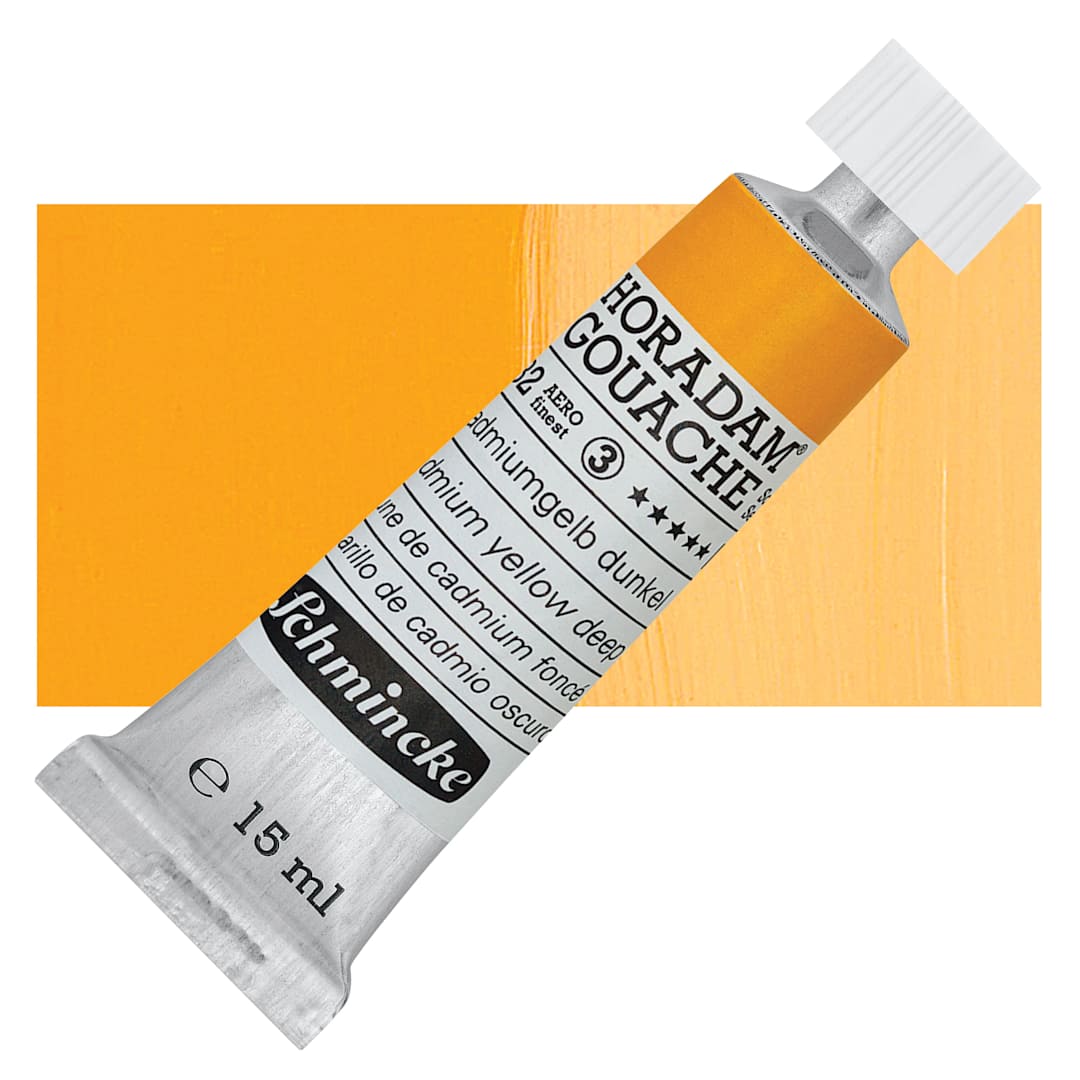 Open in modal - Schmincke Horadam Artist Gouache - Cadmium Yellow Deep, 15 ml tube and swatch
