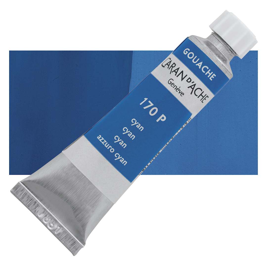 Open in modal - Caran d'Ache Studio Gouache - Cyan, 10 ml, Tube and swatch