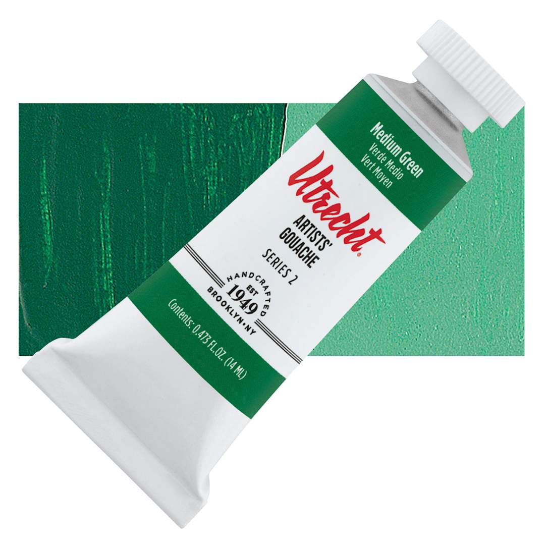Open in modal - Utrecht Artists' Gouache - Medium Green, 14 ml tube and swatch