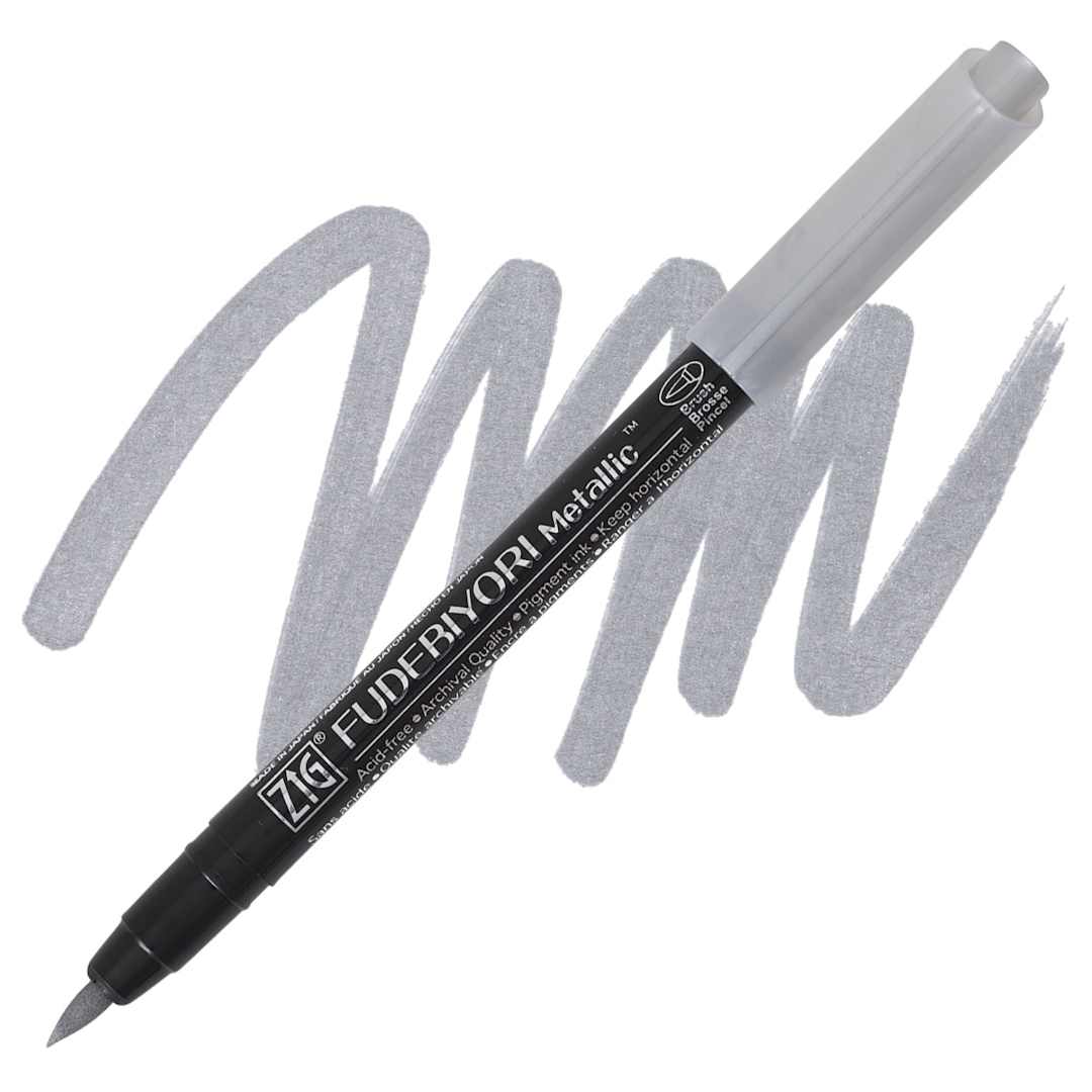 Open in modal - Zig Fudebiyori Metallic Brush Pen - Silver pen and swatch