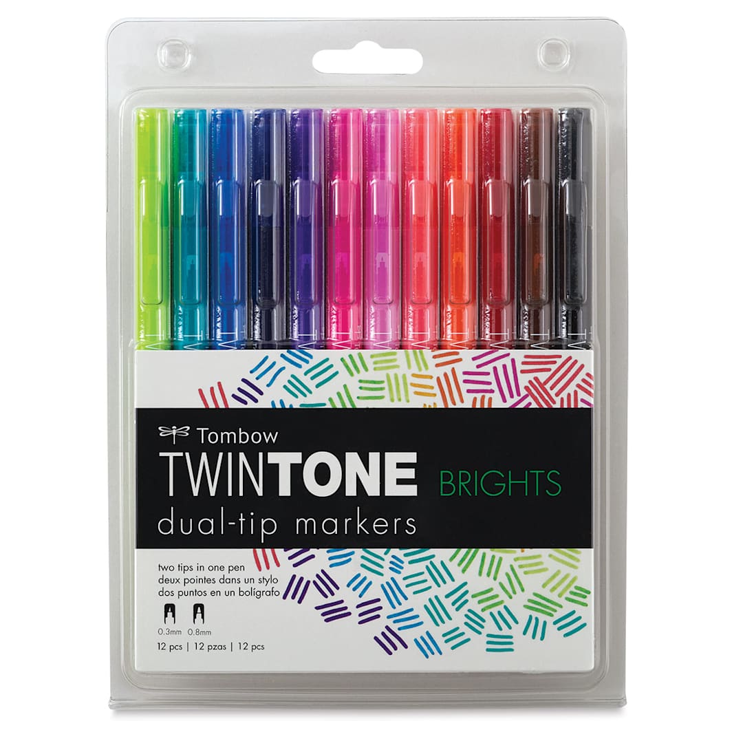 Open in modal - Tombow TwinTone Dual Tip Marker Sets - Front of blister package of 12 pc Brights Set