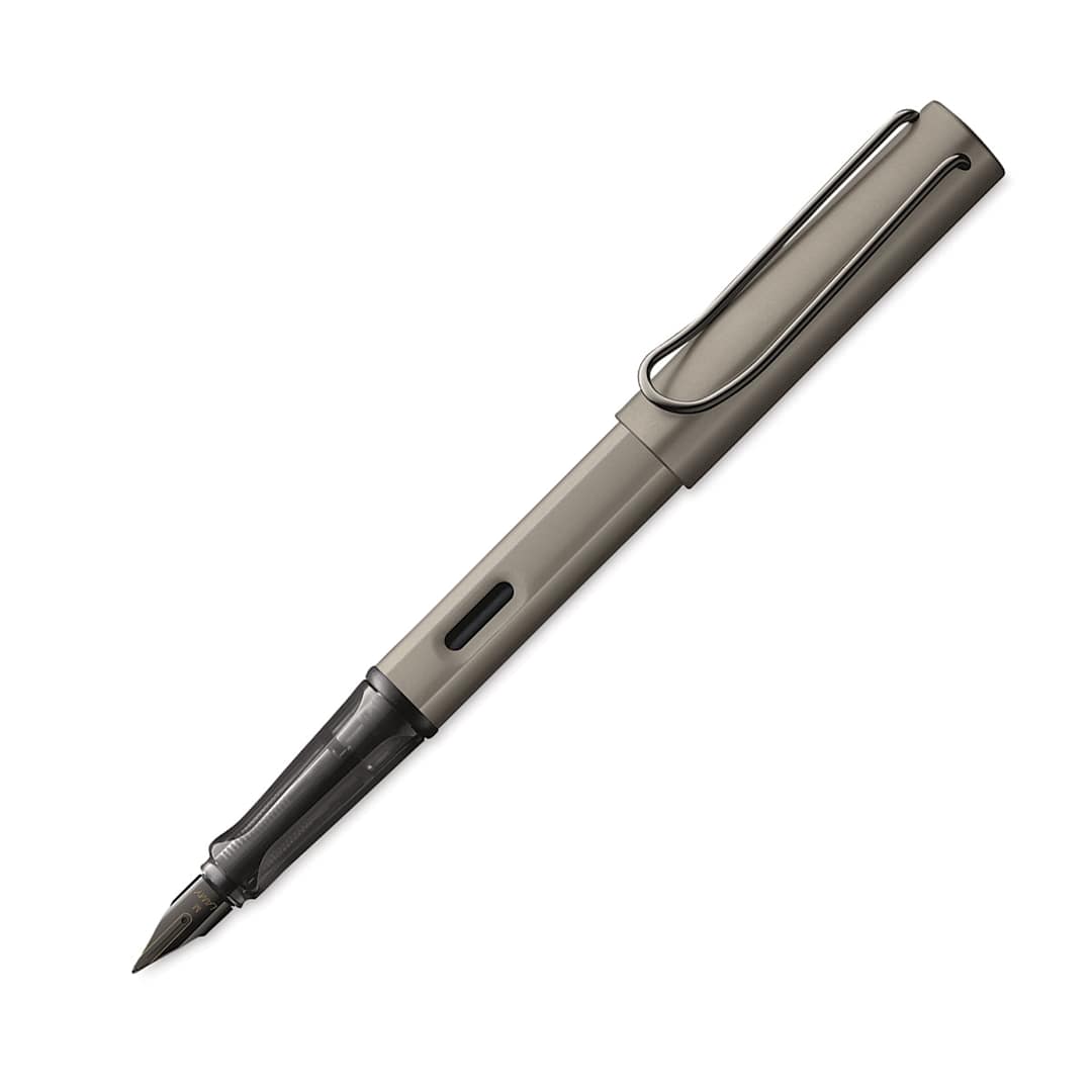 Open in modal - Lamy Lx Fountain Pen - Ruthenium Silver color pen open and at angle