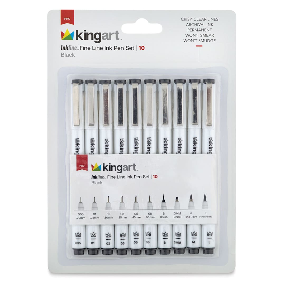 Open in modal - Kingart Inkline Artists Pen Sets - Front of package of 10 pc set of Black Assorted Tip Pens