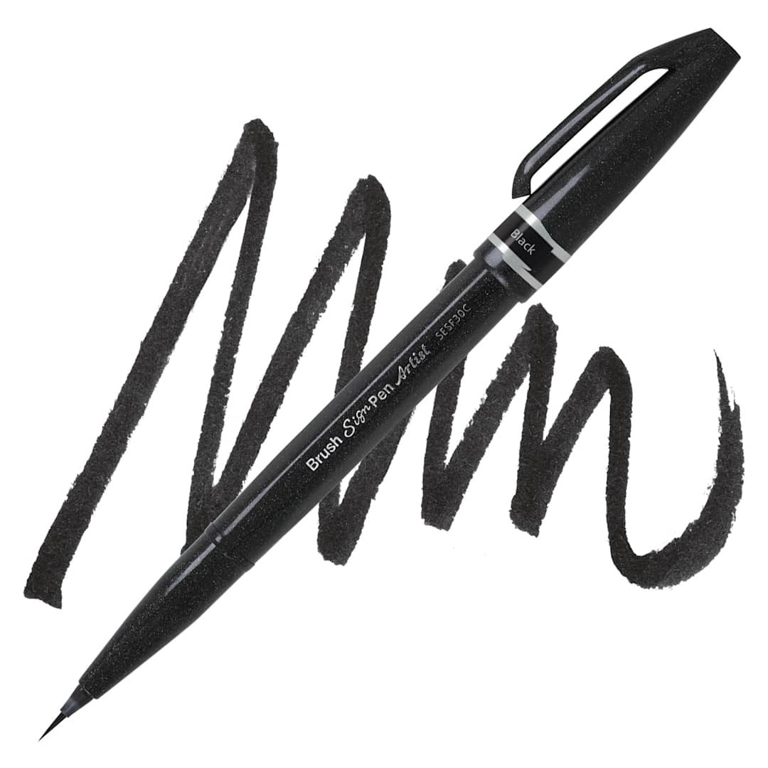 Open in modal - Pentel Arts Micro Brush Tip Sign Pen - Black pen and swatch