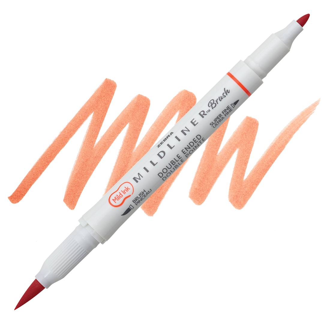 Open in modal - Zebra Mildliner Double Ended Brush Pen - Vermillion, swatch and pen