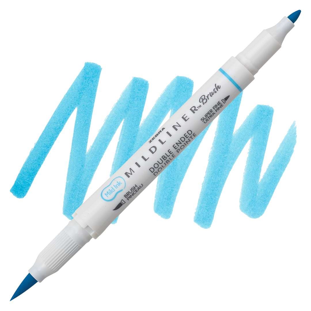 Open in modal - Zebra Mildliner Double Ended Brush Pen - Cyan, swatch and pen