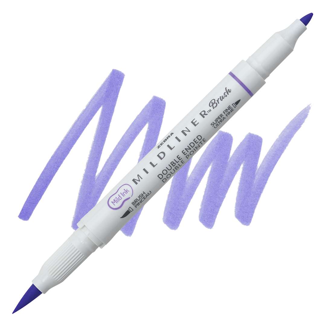 Open in modal - Zebra Mildliner Double Ended Brush Pen - Lavender, swatch and pen