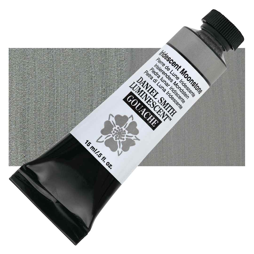 Open in modal - Daniel Smith Extra Fine Gouache - Iridescent Mo onstone, 15 ml tube and swatch
