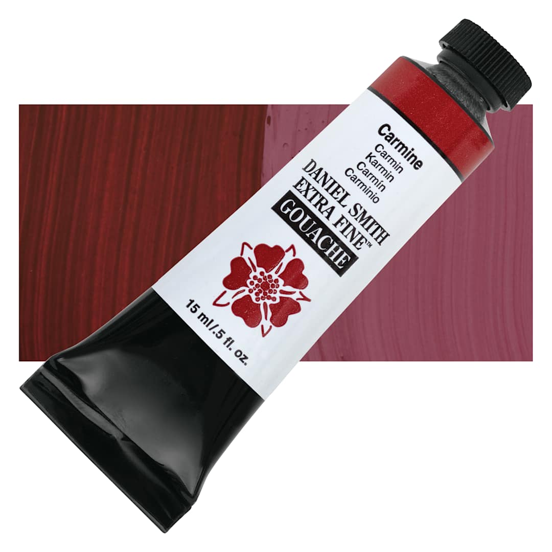Open in modal - Daniel Smith Extra Fine Gouache - Carmine, 15 ml Tube and swatch