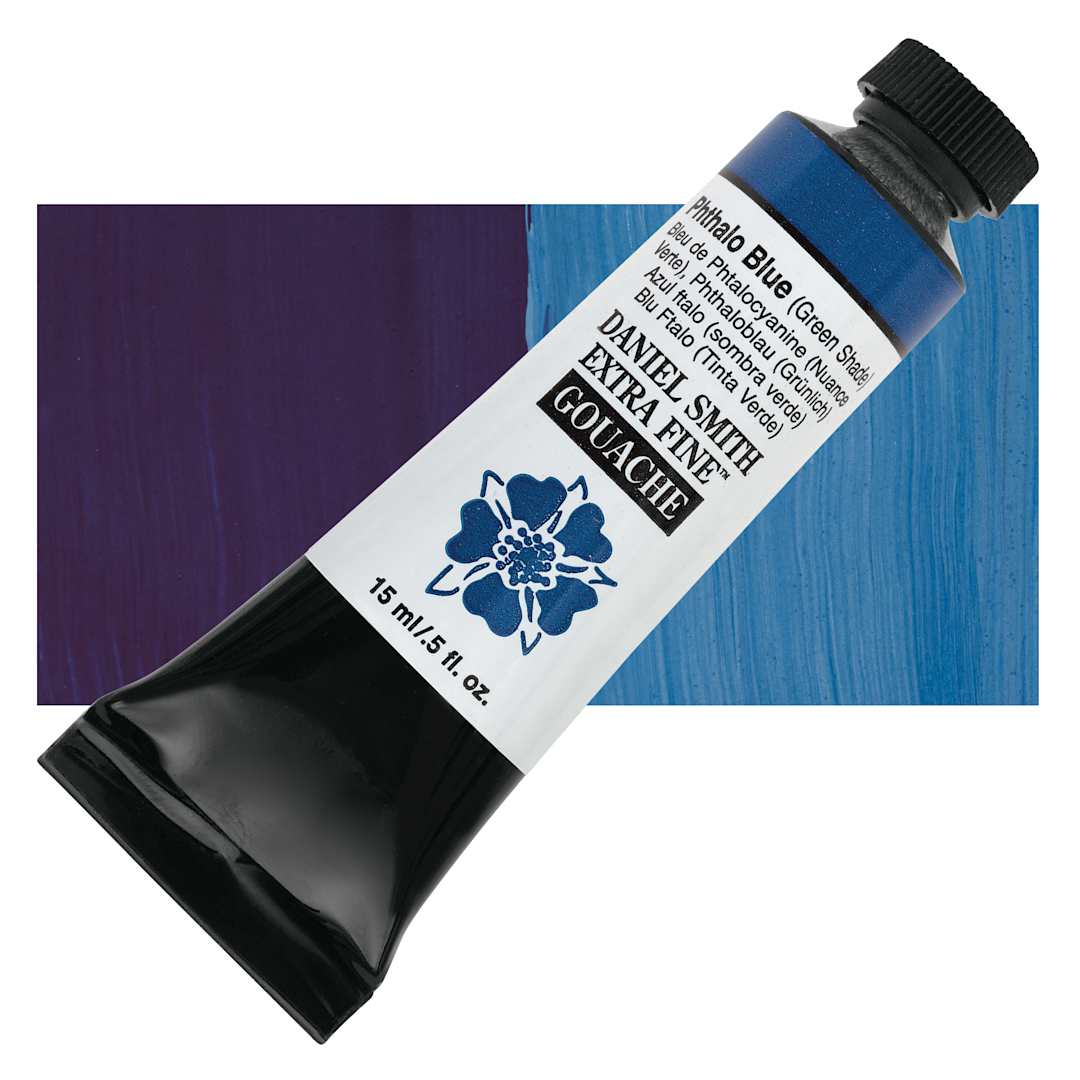 Open in modal - Daniel Smith Extra Fine Gouache - Phthalo Blue (Green Shade), 15 ml tube and swatch