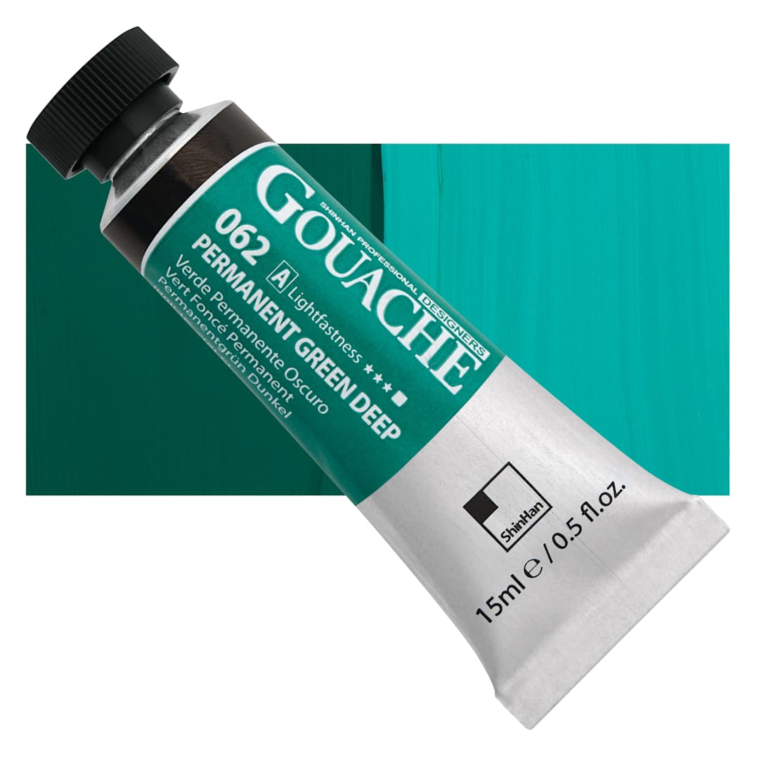 Open in modal - ShinHan Professional Designers Gouache - Permanent Green Deep, 15 ml tube and swatch