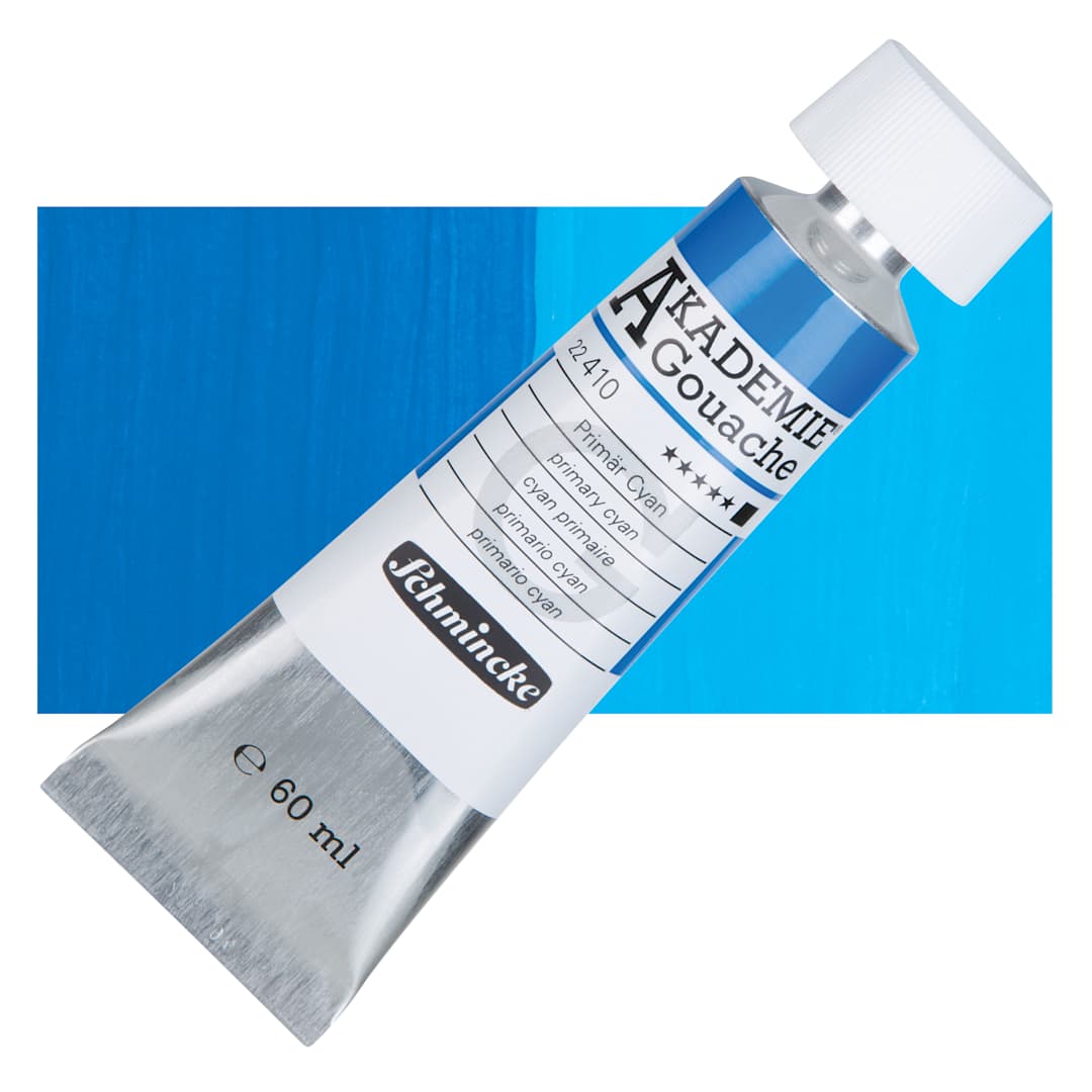 Open in modal - Schmincke Akademie Gouache Paint - Primary Cyan, 60 ml Tube and Swatch