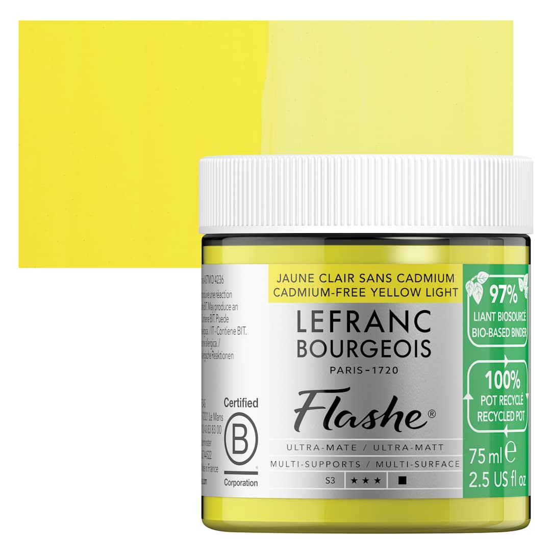 Open in modal - Lefranc Bourgeois Flashe Biobased Paint - Cadmium Free Yellow Light, 75 ml jar and swatch