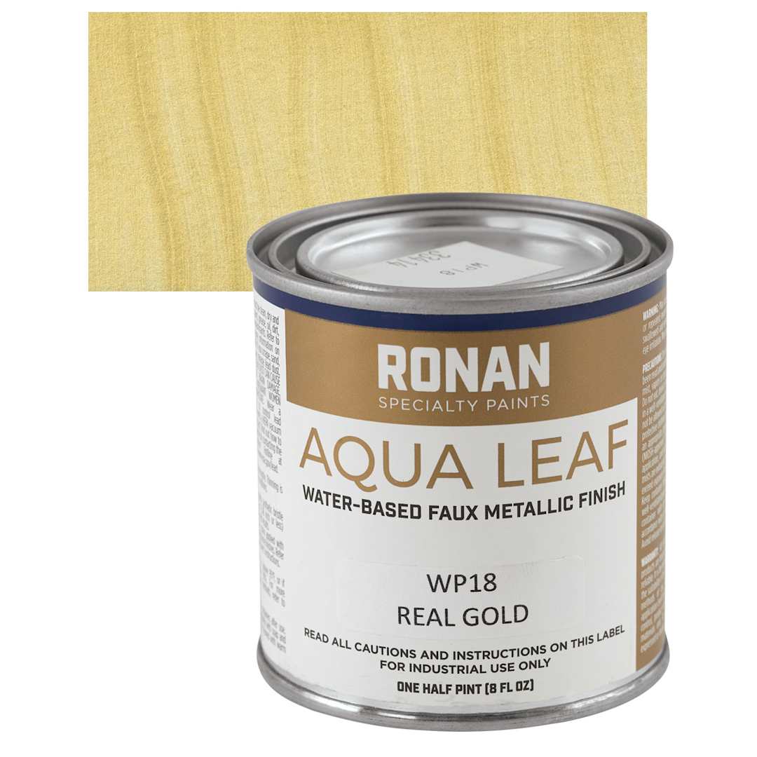 Open in modal - Ronan Aqua Leaf Water-Based Faux Metallic Color - Real Gold, 1/2 Pint and swatch