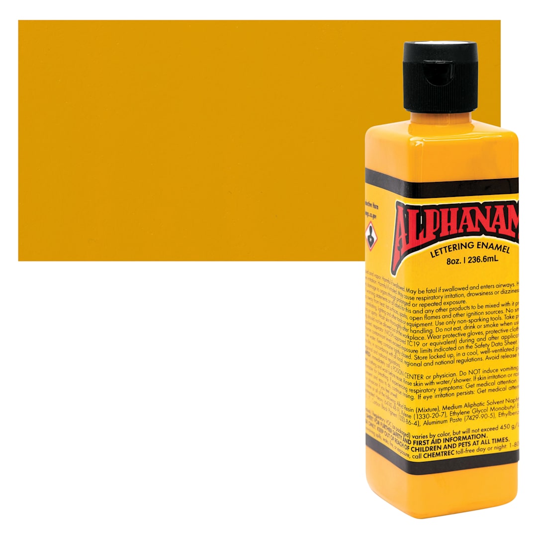 Open in modal - Alpha6 Alphanamel Lettering Enamel - Dark Yellow, 236.6 ml - Bottle and Swatch