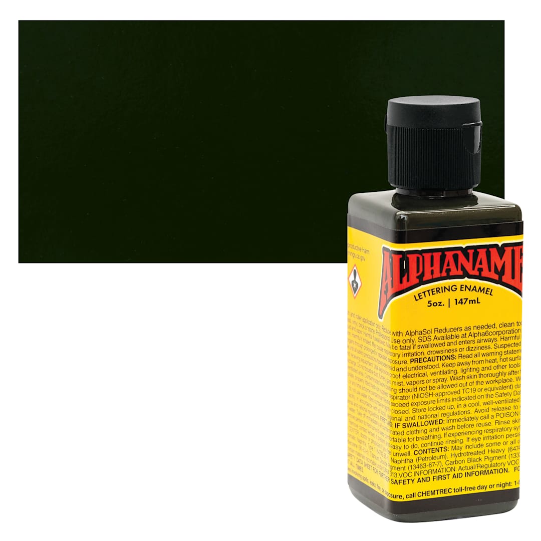 Open in modal - Alpha6 Alphanamel Lettering Enamel - Dark Olive, 147 ml - Bottle and Swatch
