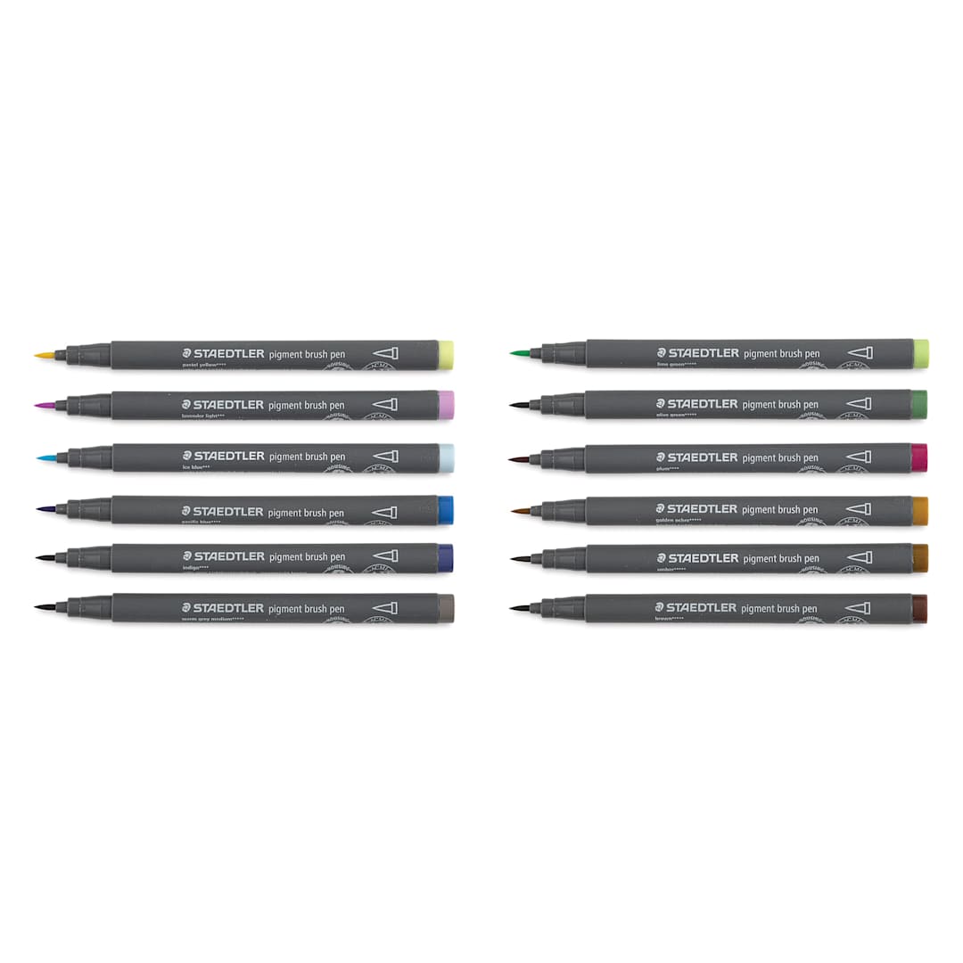 Open in modal - Staedtler Pigment Arts Brush Pens - Nature Colors, Set of 12 pens laid out with caps off