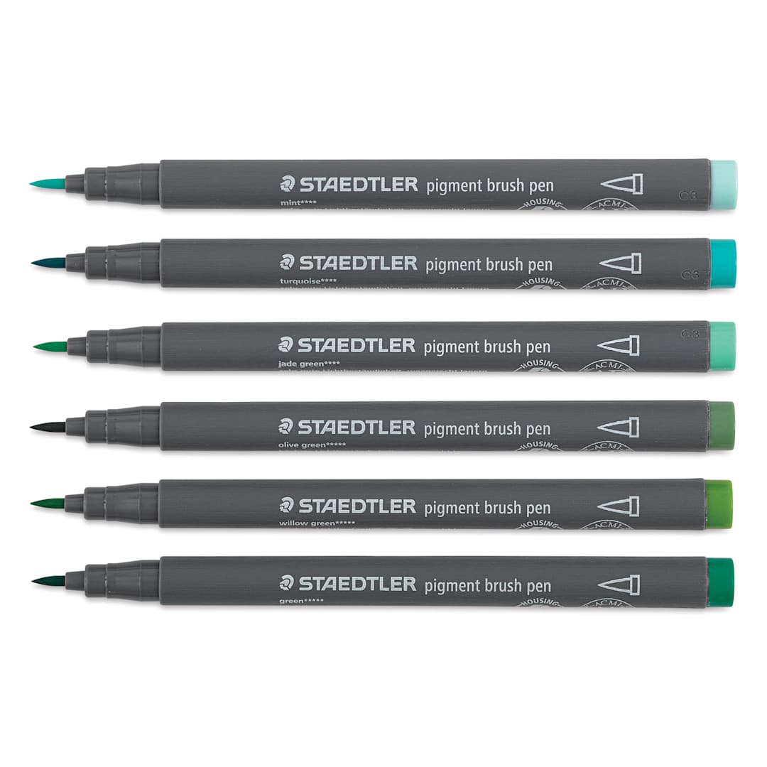 Open in modal - Staedtler Pigment Arts Brush Pens - Greens and Turquoises, Set of 6 pens laid out with caps off